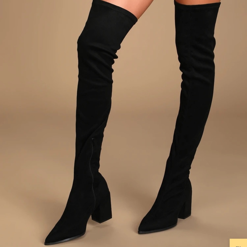 New Black Suede Pointed-Toe Over The Knee Boots